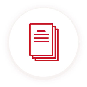 A red and white icon of papers in a circle.