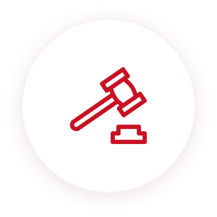 A red and white icon of a gavel in the middle.