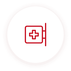 A red and white icon of an emergency room