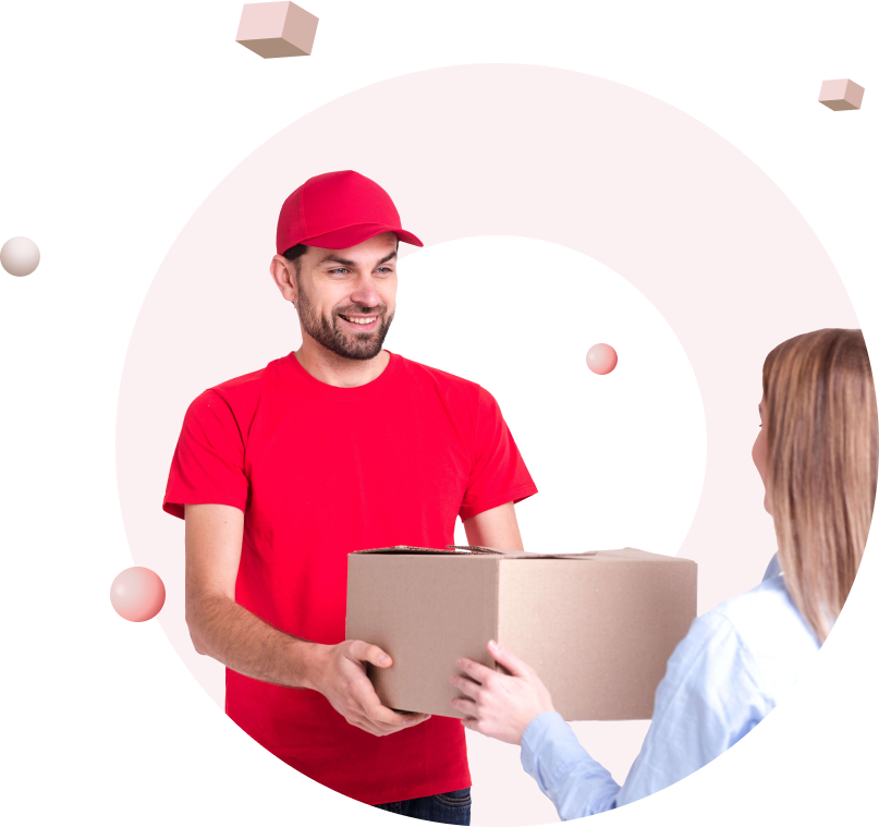 A man in red shirt holding box and handing it to woman.